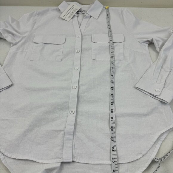 Womens Button Down Long Sleeve Shirts Casual V Neck Cotton Linen Roll Sleeve S - Picture 6 of 9